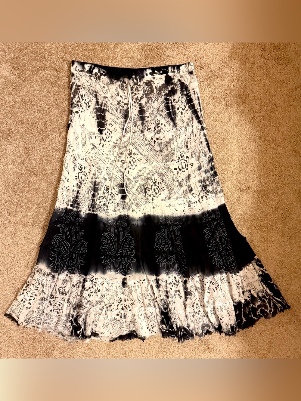 Black and White Tie-Dye Maxi Skirt with Patterned Border
